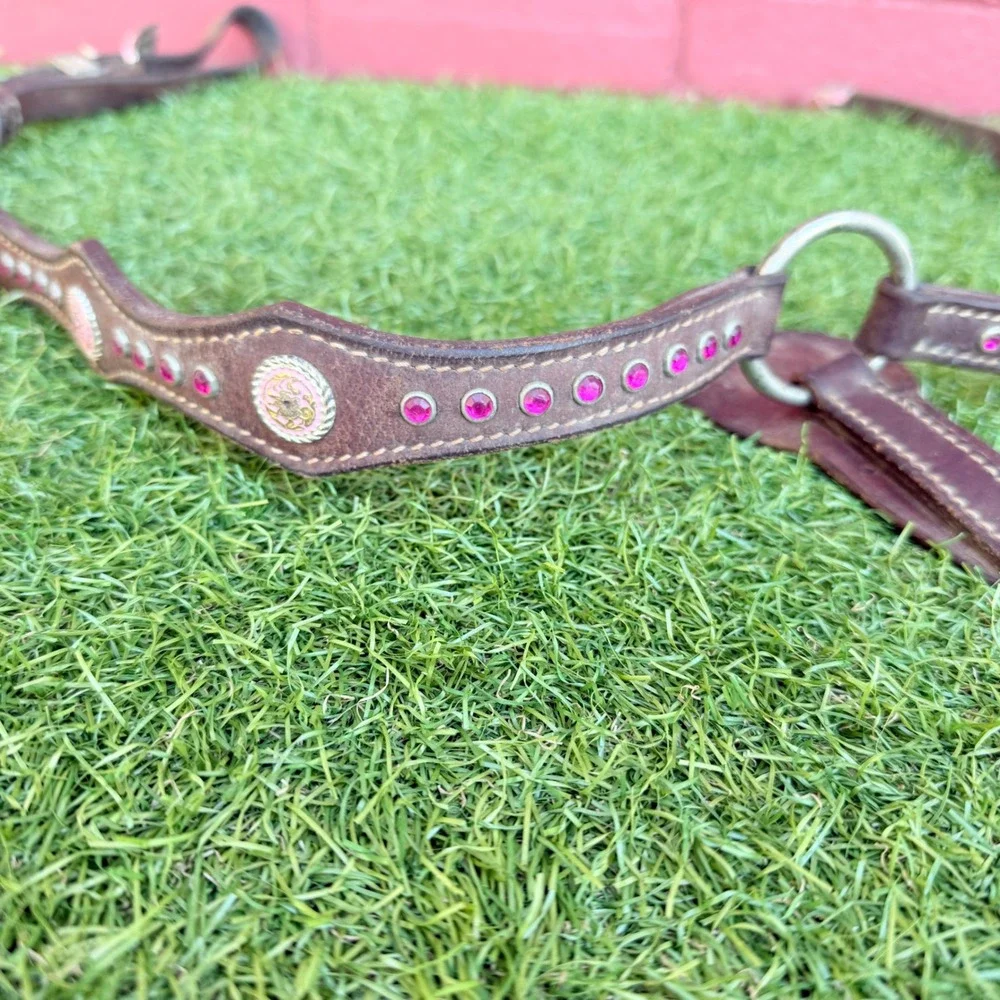Western Horse Breast Collar‎ Pink Rhinestone Buckle Leather